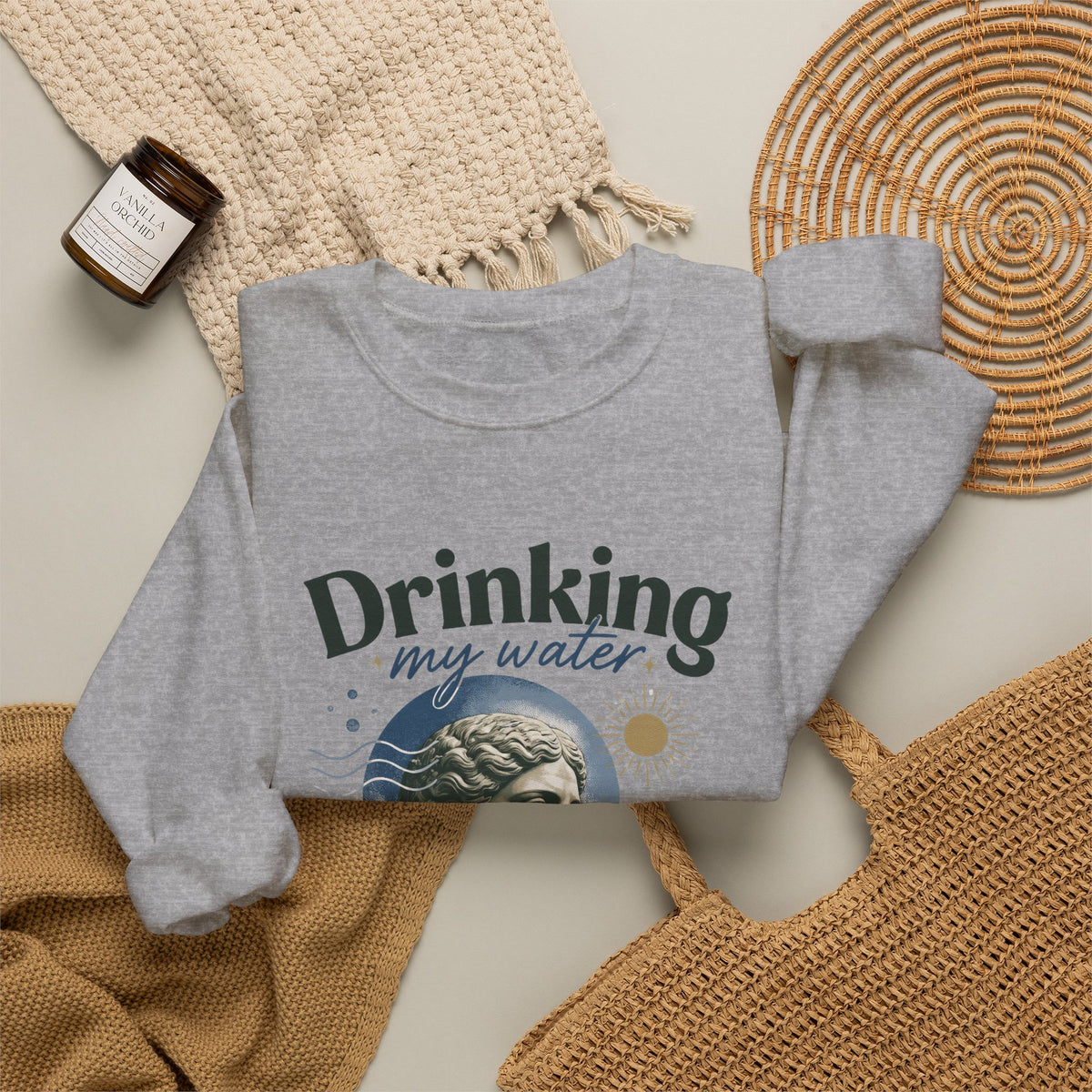 Crewneck Sweatshirt — "Drinking My Water, Minding My Business" Vintage Statue Graphic