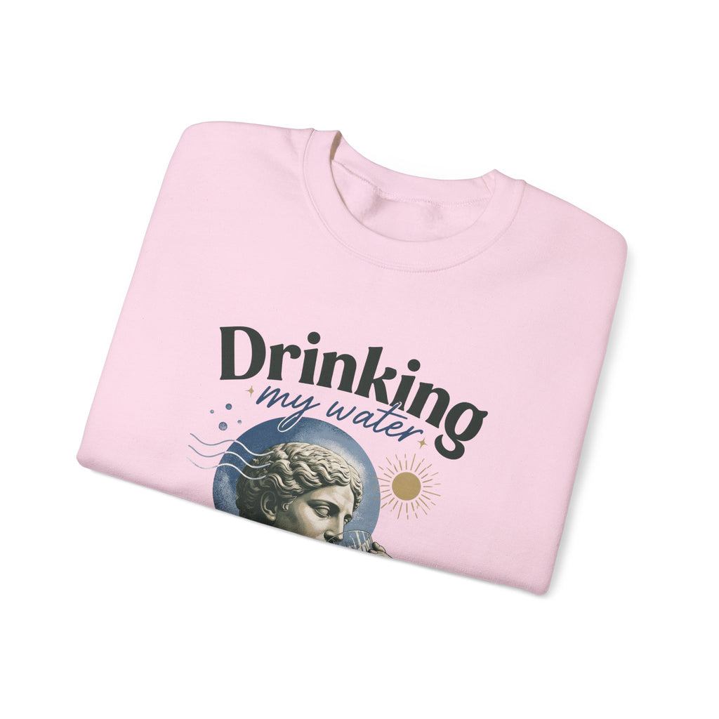 Crewneck Sweatshirt — "Drinking My Water, Minding My Business" Vintage Statue Graphic