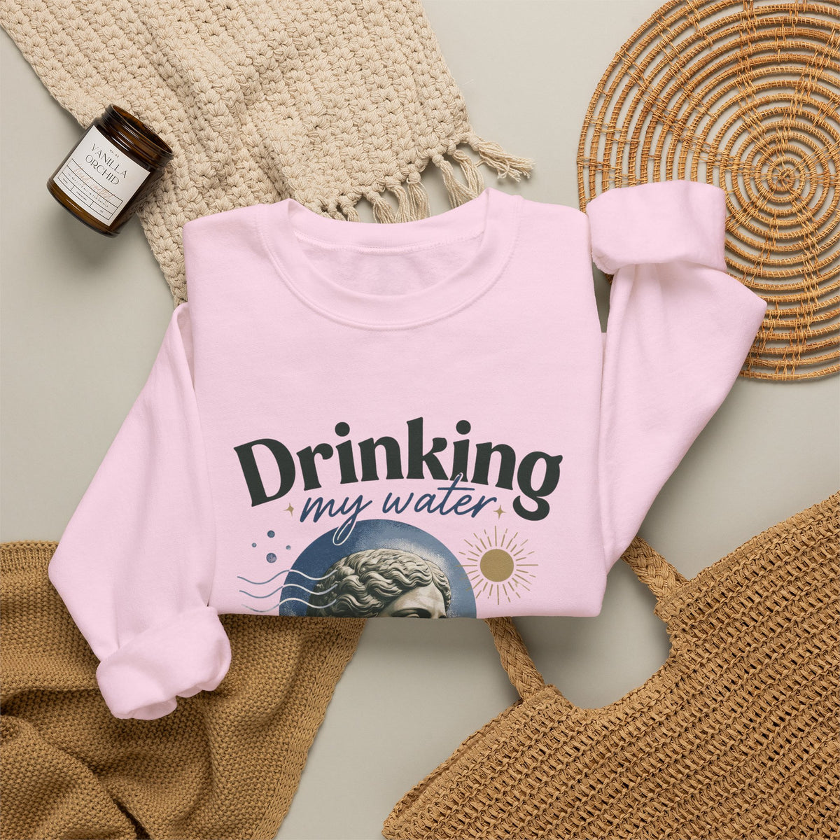 Crewneck Sweatshirt — "Drinking My Water, Minding My Business" Vintage Statue Graphic