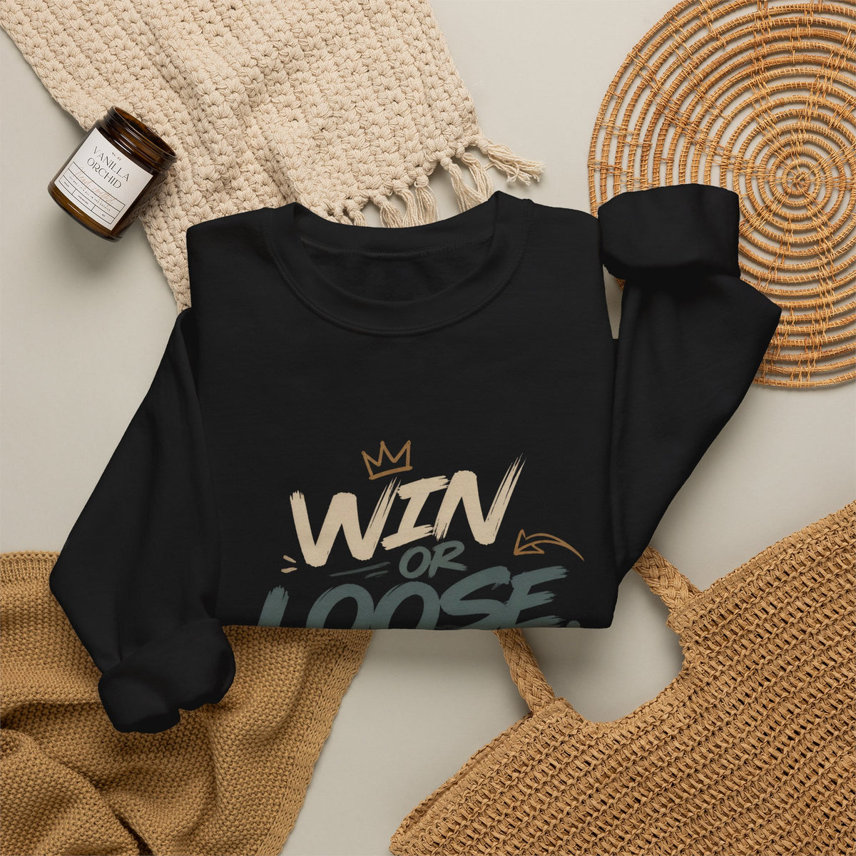 Crewneck Sweatshirt — "Win or Loose We Booze" Graphic Pullover for Party Nights & Bar Fans