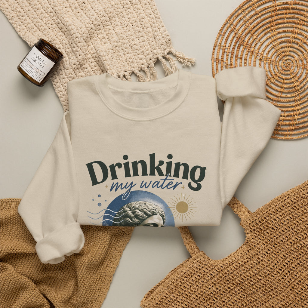 Crewneck Sweatshirt — "Drinking My Water, Minding My Business" Vintage Statue Graphic