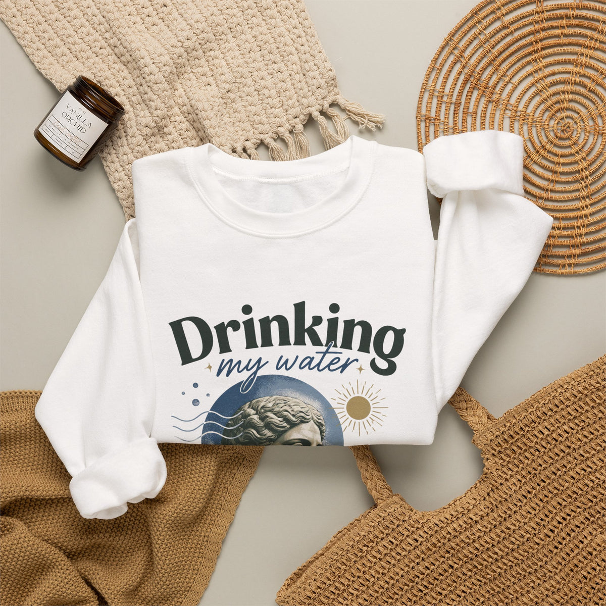 Crewneck Sweatshirt — "Drinking My Water, Minding My Business" Vintage Statue Graphic